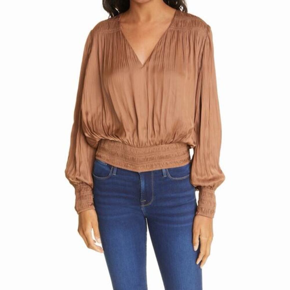 Frame Pleat Satin Bronze Blouse‎ V-Neck Long Sleeve Smocked Top